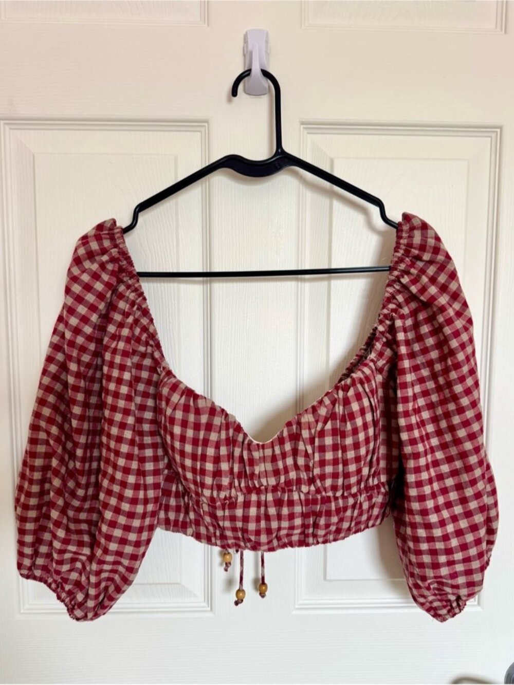 Red Gingham Puff-Sleeve Crop Top
